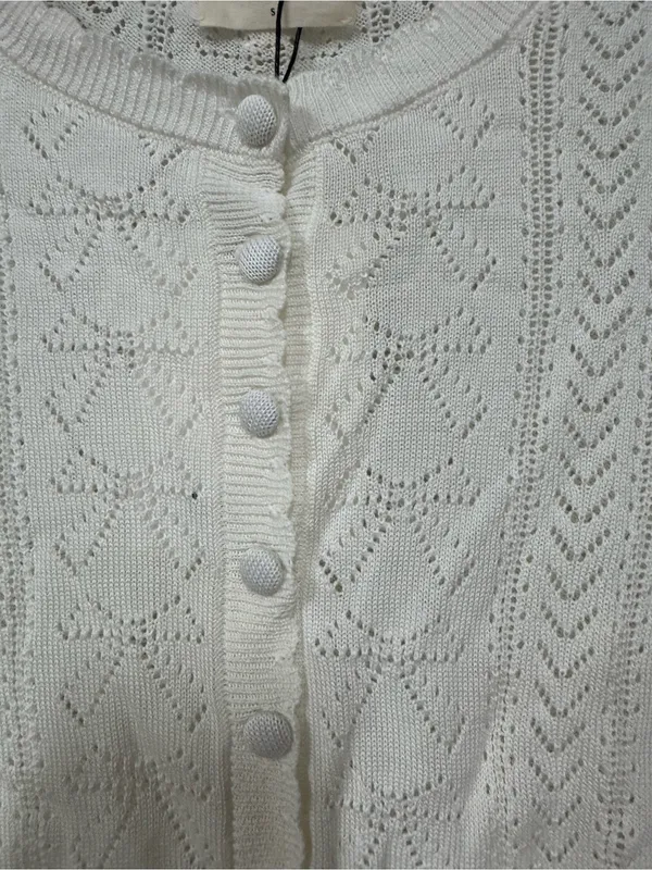Lounge Pointelle Bow Cardigan - White Small New Cropped Fitted Long Sleeve - Image 4