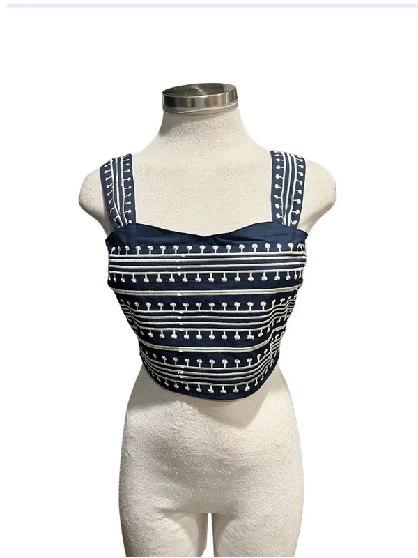 Avec Les Filles Cotton Embroidered Square-Neck Tank Top iNavy/Cream Size XS NWT - Image 2
