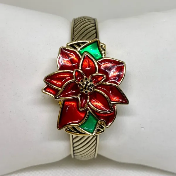 Vintage Gold Tone Enamel Poinsettia hidden face Cuff Style Watch 22mm running - Image 2