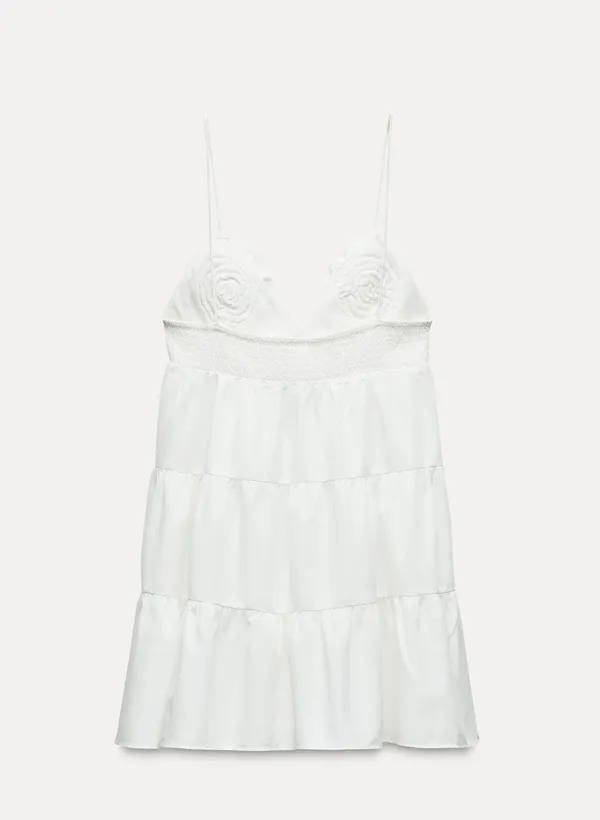 Zara dress mini Boho floral ruffle Poplin flowy cotton white summer vacation - Image 11