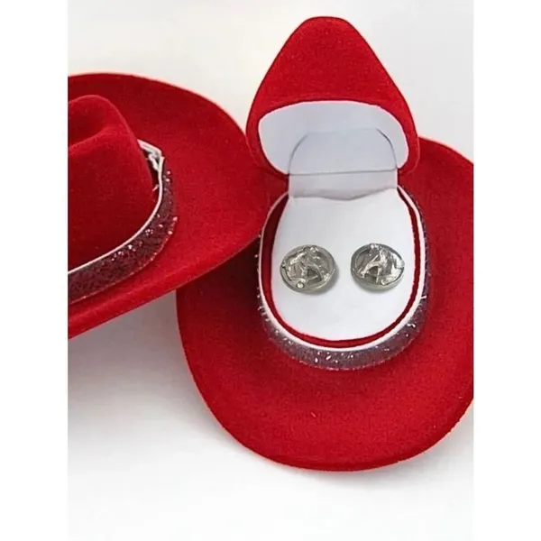 Western Horse Earrings Sterling Silver Plated in Red Velour Cowboy Hat Box NWOT - Image 3