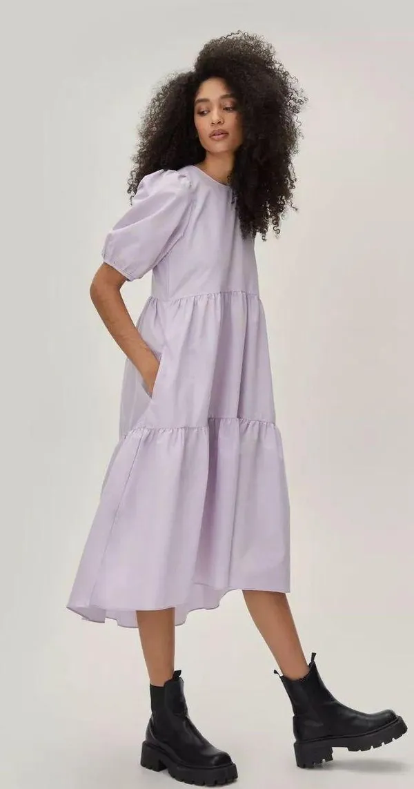 Nasty Gal Puff Sleeve Crew Neck Tiered Midi Dress - Image 4