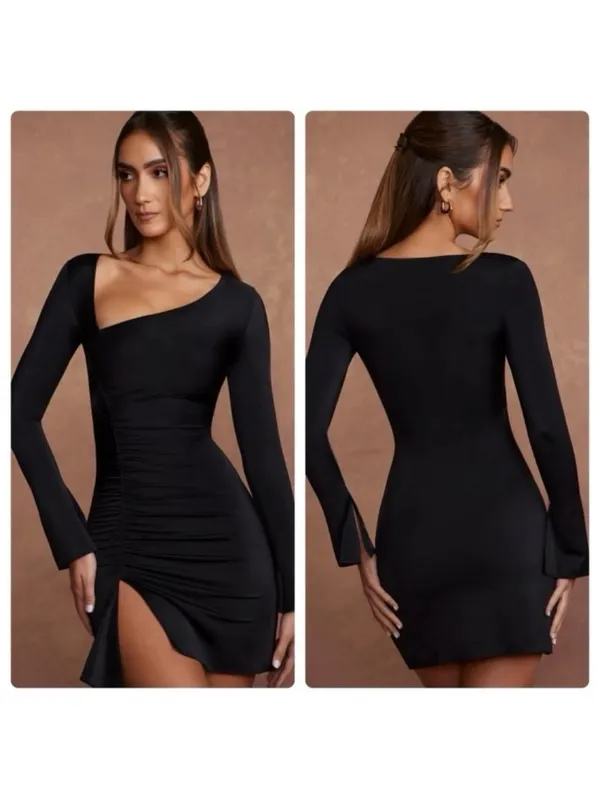 Oh Polly Rea Long Sleeve Asymmetric Mini Dress in Black size 6 New - Image 2