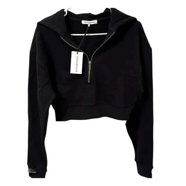 NWT WeWoreWhat Cropped Half Zip Fleece Cotton Hoodie Long Sleeve Small Black - Image 2