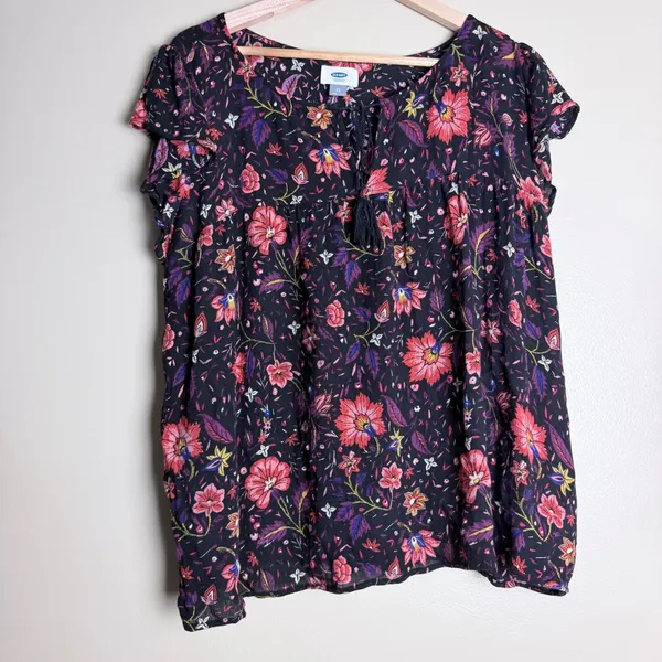 Old Navy Blouse Women Plus XL Black Floral Babydoll Office Cottagecore Whimsical - Image 10