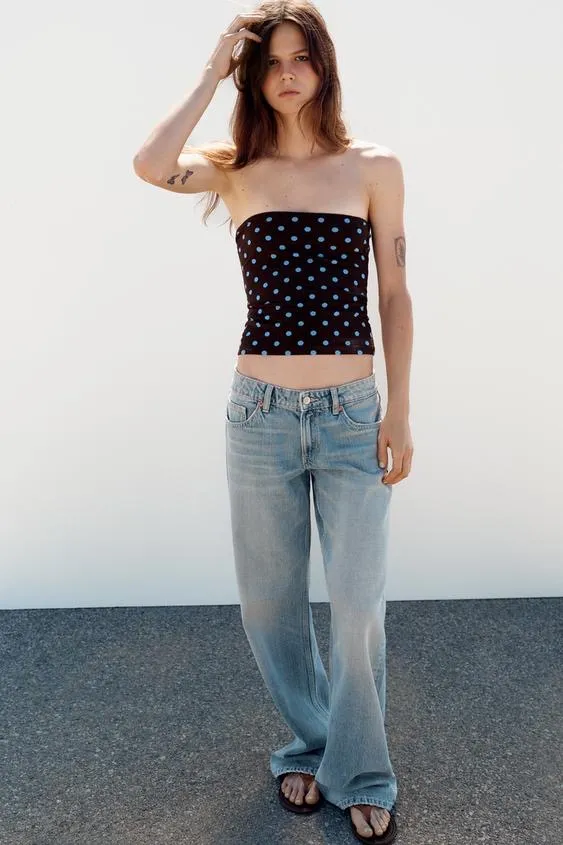 BNWT Zara Brown & Blue Polka Strapless Tube Top - Image 4