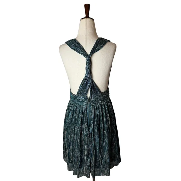 Lulus Ailey Skater Dress Women Small Teal Blue Gold Metallic Mini Party Prom - Image 3
