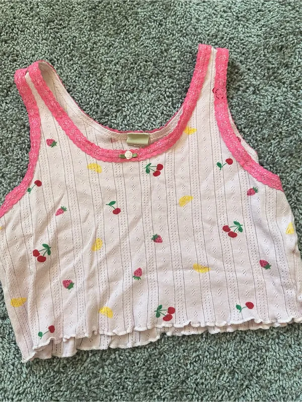 Pink Fruit-Print Lace Trim Tank Top - Image 3