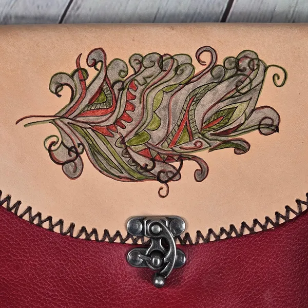 Handcrafted Tooled Leather Feather‎ Crossbody Bag Red Tan Whipstitch Boho Purse - Image 8