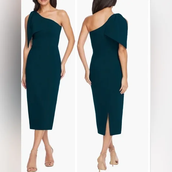 NWOT Dress The Population TIFFANY One Shoulder MIDI Dress green pine L - Image 2