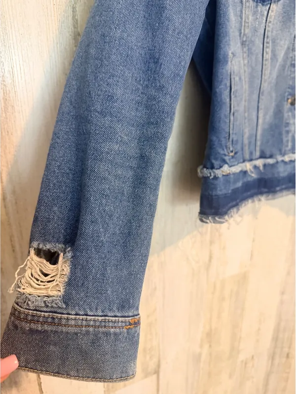 Sneak Peek Women’s Small Distressed Denim Jacket Raw Hem Patchwork Jean Jacket Blue - Image 3