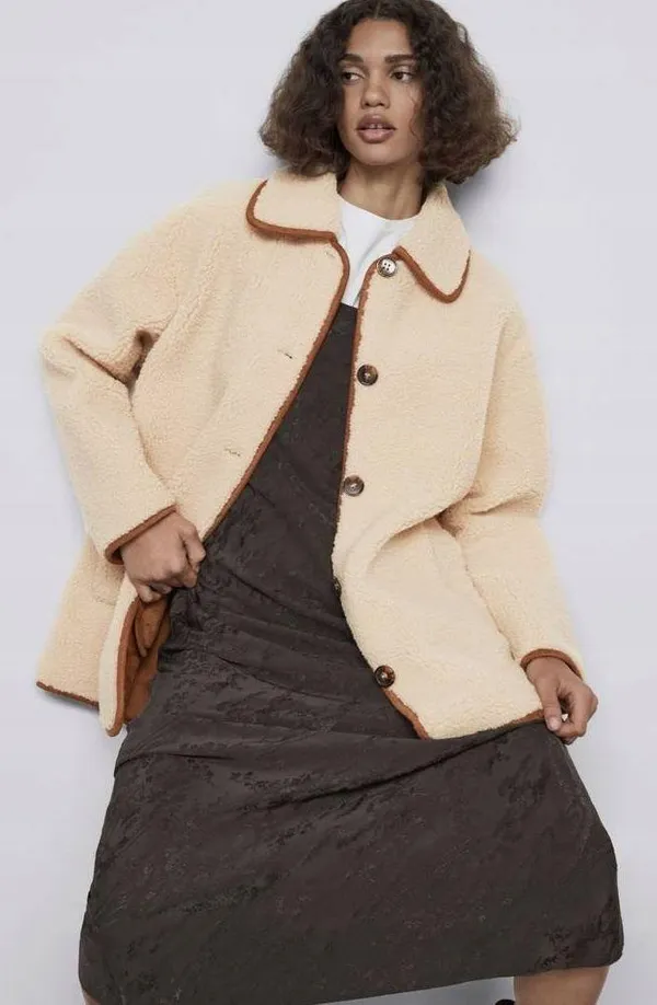 ZARA Tan Brown Cream Sherpa Suede Leather Button Down Coat Jacket - Image 7