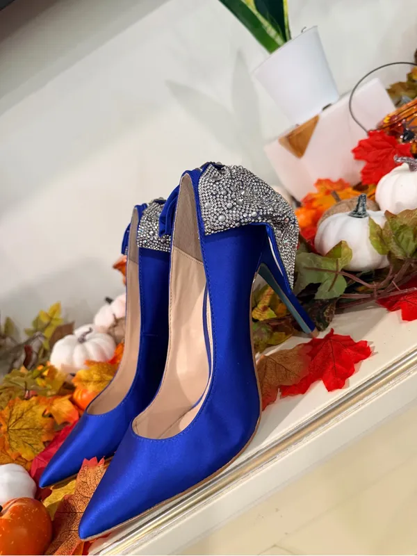 Betsey Johnson Royal Blue Satin Pointed Toe Heels with Crystal Bow - Image 3