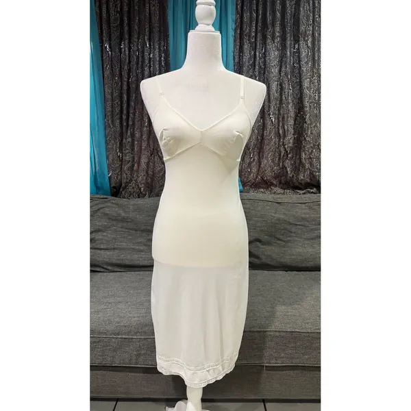 Vintage White Full Slip Lace‎ Trim Adjustable Spaghetti Straps V-Neck Mid-Length - Image 3