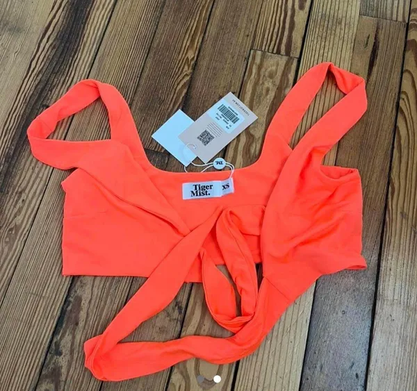 Tiger Mist Bright Neon Orange V Beck Tie Kim Crop Top Tank - Image 7