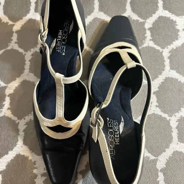 AEROSOLES Navy/Black and Cream Mary Jane Heels with Tapered Heel - Image 13