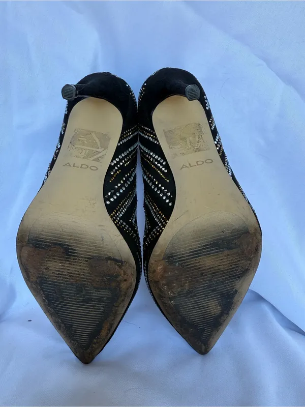 Aldo Lardonna Black Pointed Toe Stiletto Pumps Gold Silver Rhinestones Size 7 - Image 8