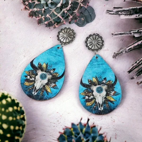 Handmade Wooden double sided western‎ style retro bullhead waterdrop dangle earrings - Image 7