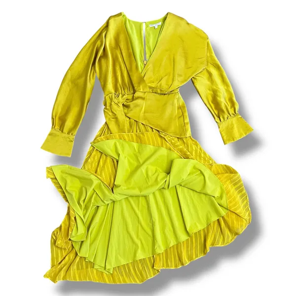 Chartreuse Pleated Wrap Dress Long Sleeve Asym Hem Midi Yellow Women‎ - Image 8