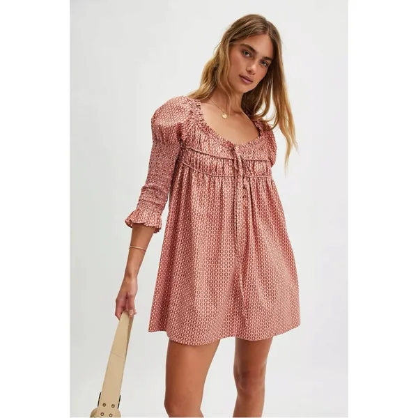 Free People Retro 70s Babydoll Star Dip Mini Dress in Red Combo Size Medium - Image 6