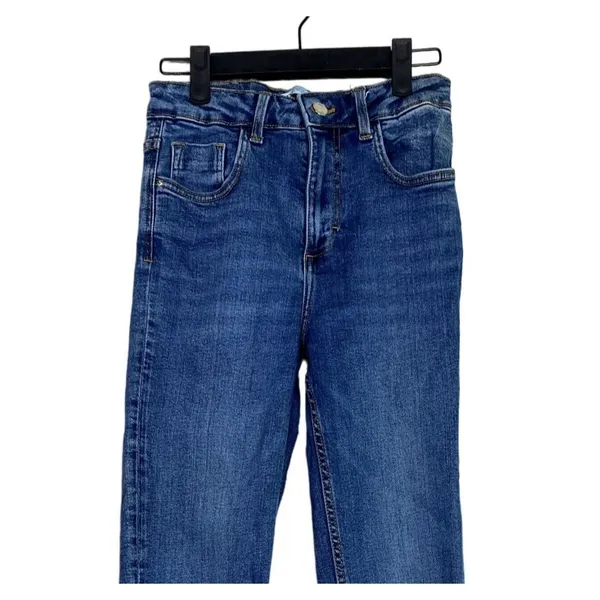 ZARA Flared High Rise Straight Leg Raw Hem Broken In Jean Zip 2 Dark Blue Wash - Image 3