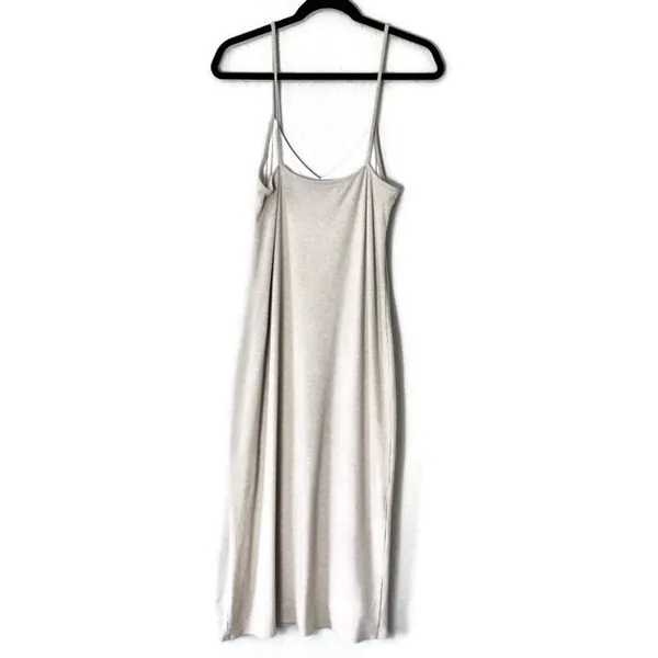 Abercrombie & Fitch Oatmeal Tan Ribbed Slit V-neck Midi Dress Size Large - Image 3