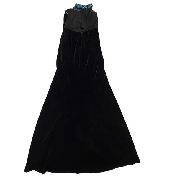 Vintage Black Velvet Evening Gown with Beaded High Neck and Mesh Detailing - Image 8