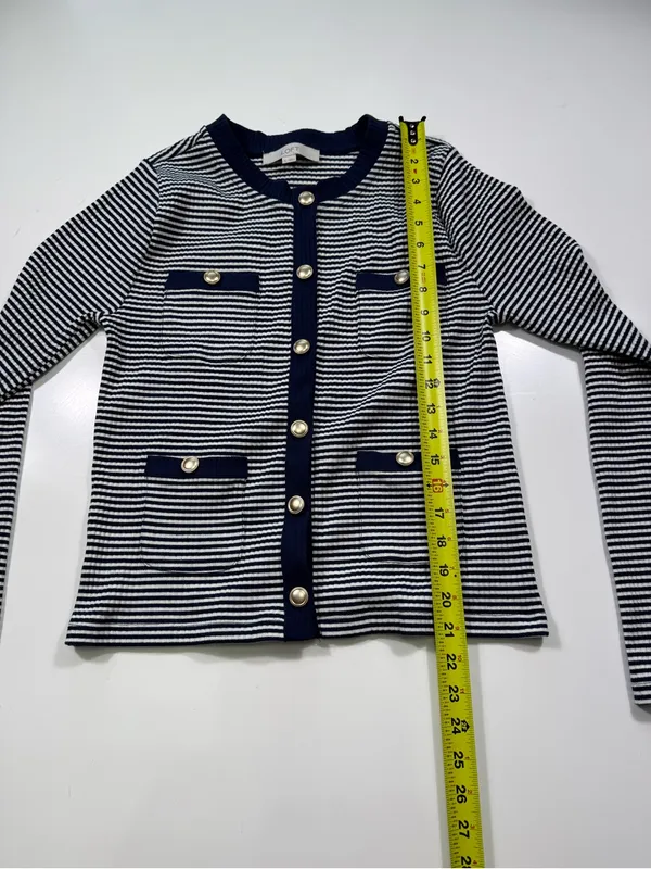 LOFT Navy and White Striped Cardigan with Gold Buttons - Image 3