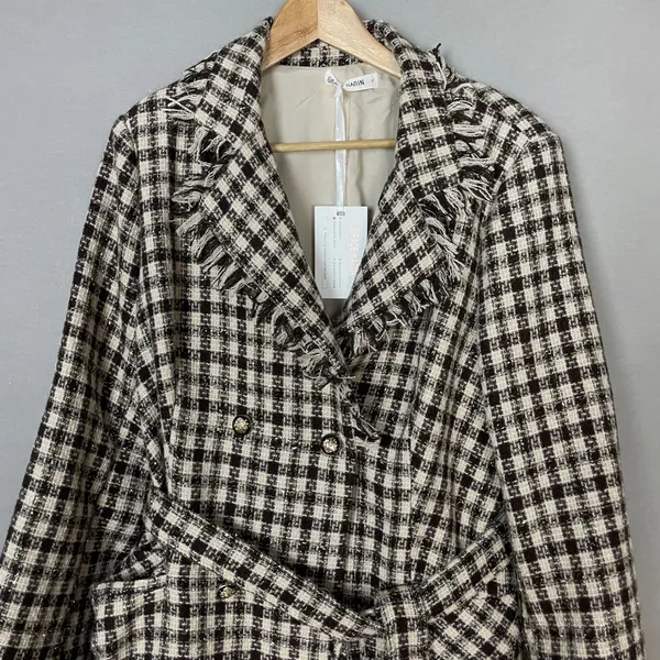 NWT Grace Karin Tweed Pea Coat Plaid Women Size XL Raw Edges Belted Cream Brown‎ - Image 4