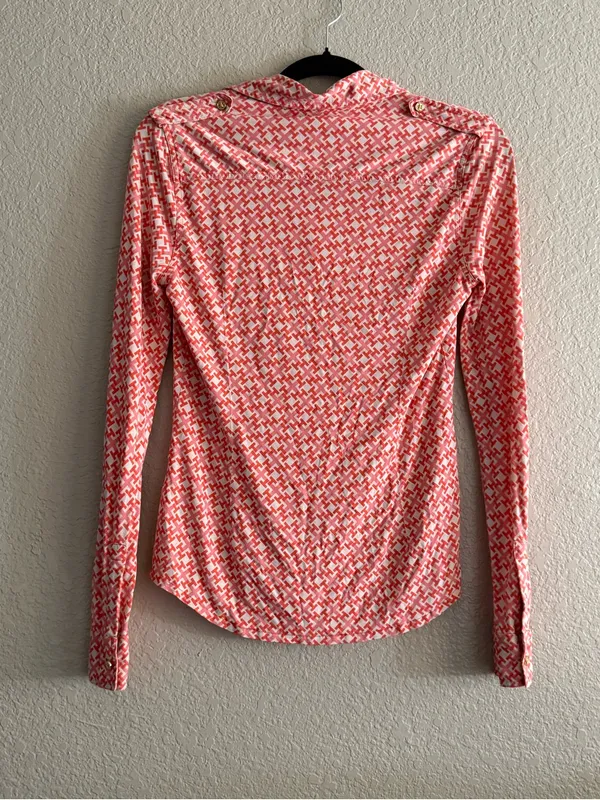 Tory Burch Silk Chain Link Geometric Button Down Blouse Coral Small Pink Career - Image 7