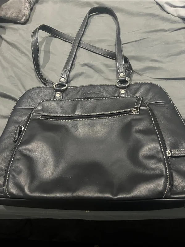 Franklin Covey Black Leather Work Laptop Briefcase Black Leather Tote Bag - Image 3