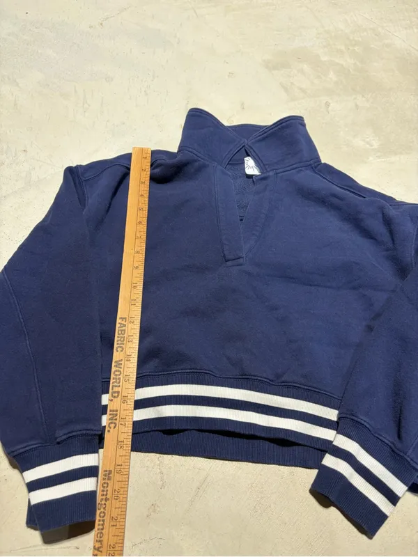 Aerie cropped Navy Quarter-Zip Pullover with Striped Hem small - Image 2
