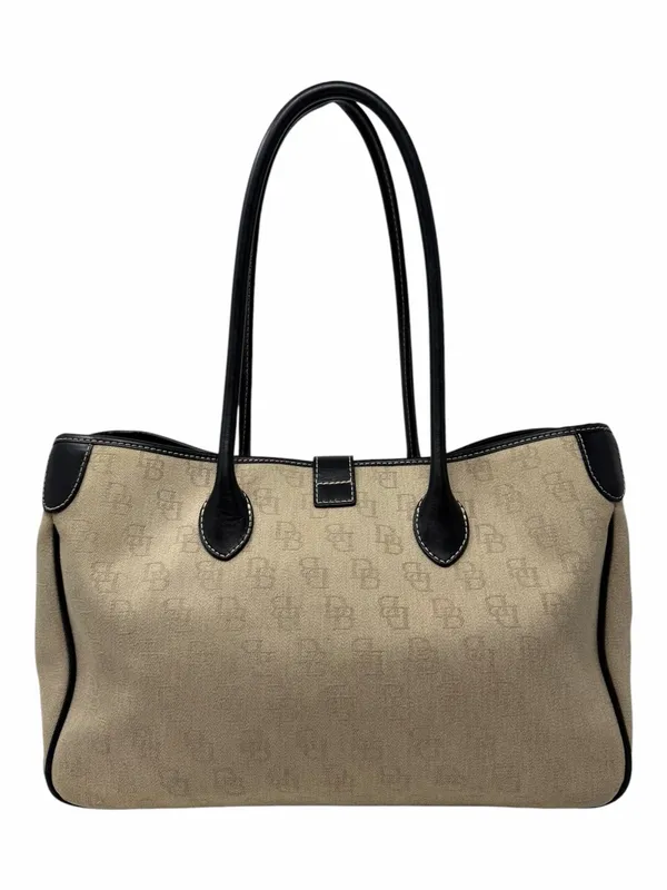 Dooney & Bourke Monogram Canvas Tote Bag Beige Black Leather Shoulder Bag - Image 4