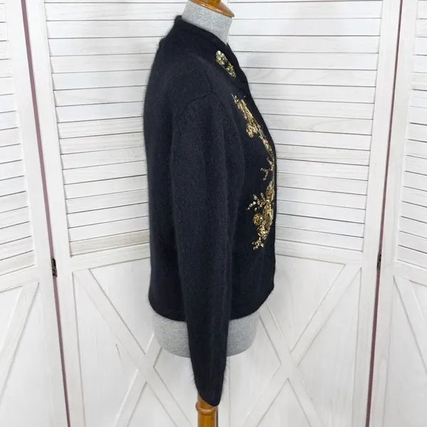 Vintage Karen Scott Sequin Fuzzy Angora Wool Cardigan Sweater Black‎ Gold Medium - Image 3
