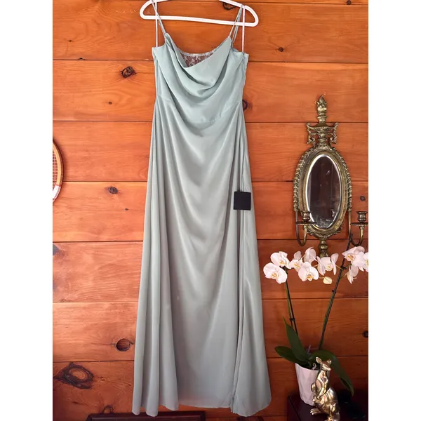 NWT Lulus Eliora Sage Green Lace Cowl Neck Chiffon Maxi Dress Bridesmaid Satin L - Image 3