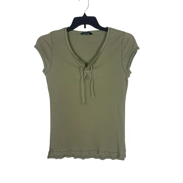 Ralph Lauren Y2K Ribbed Lace Up Top Womens L Sage Green Short Sleeve Grunge - Image 4