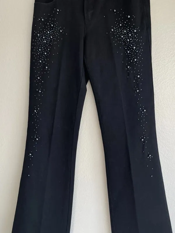 Cache Embellished Flare Jeans Size 4 Y2K Faux Pearl Beaded Black Denim Pants - Image 2