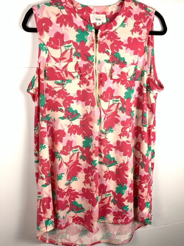 Fyve Womens XL Tropical Floral Sleeveless Blouse Pink High Low Tunic - Image 9