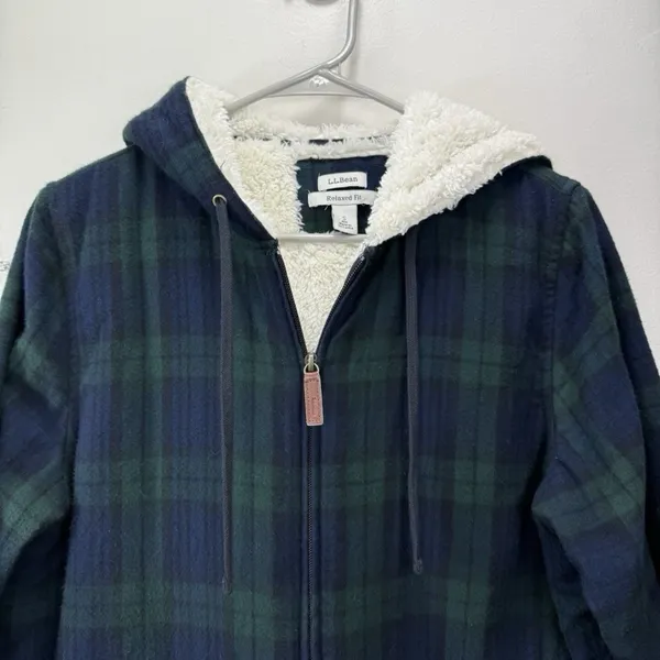 LL Bean Scotch Plaid Flannel Shirt Sherpa Lined Zip Hoodie Jacket Blue Green S - Image 6