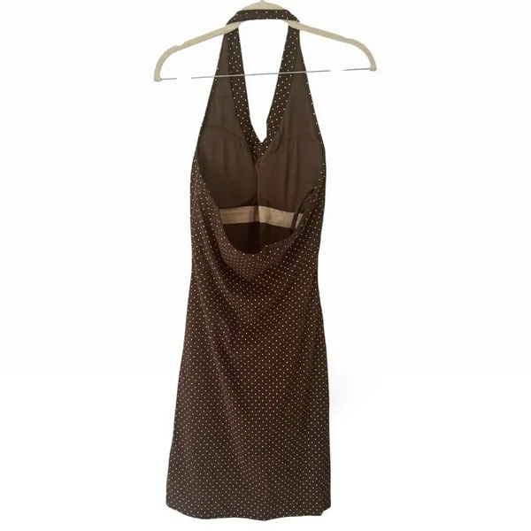 NWT OGL Soft Stretch Cotton Halter Neck Polka Dot Mini Bra Dress Medium Brown - Image 2