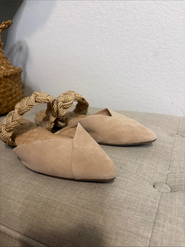 Birdies The Swan Bracelet Mule Tan Suede Braided Strap Flats 7 - Image 5