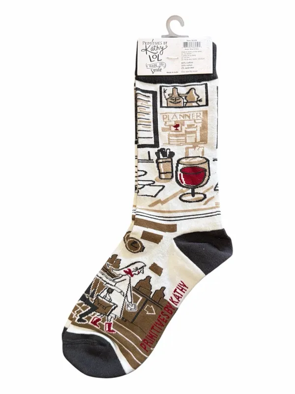 Primitives by Kathy Crew Socks in White, Black, Tan & Red Cocktail Design - Image 3