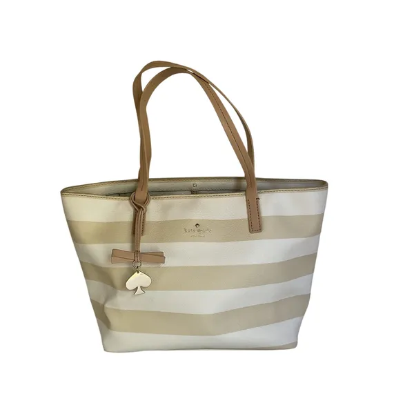 Kate Spade New York Striped Tote Bag Cream Beige Spade Charm Bow Shopper - Image 2