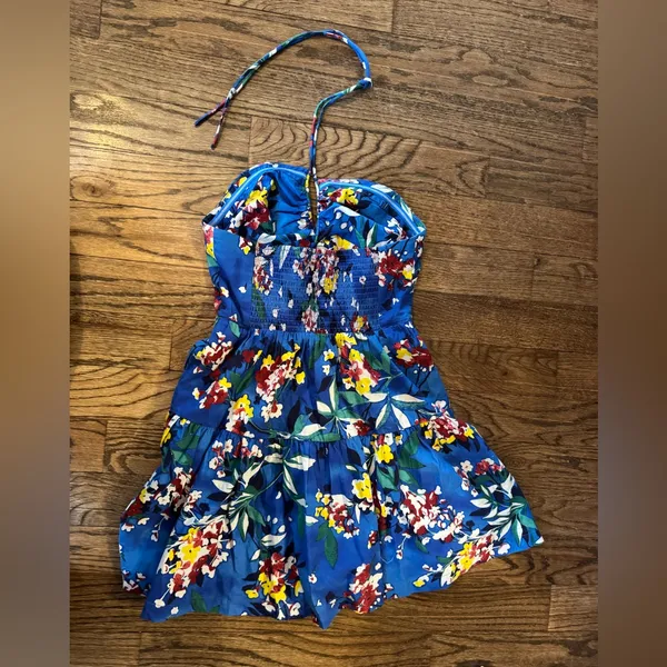Anthropologie Emily Halter Mini Dress Small Floral Cut Out Ruched Open Back Blue - Image 4