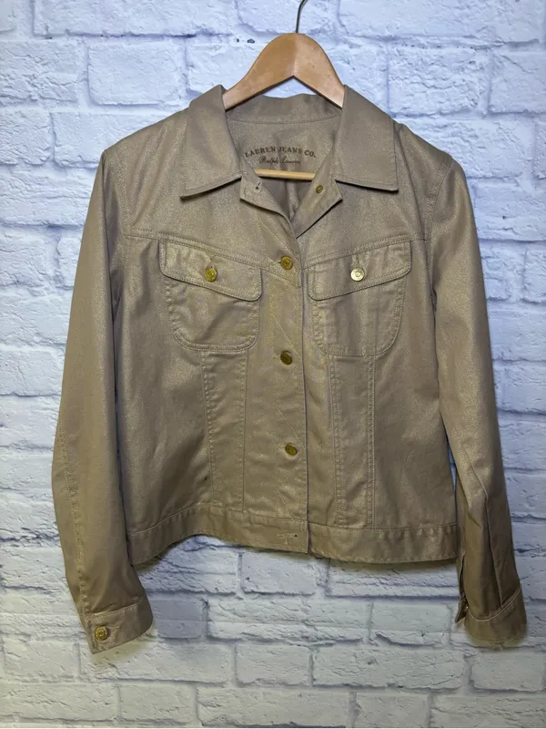 Lauren Jeans Co Ralph Lauren Women's Demin Gold Metallic Button Up Jacket Sz L - Image 2