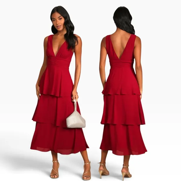 Lulus Celebration Time Red Sleeveless Tiered Midi Dress size Medium NWT - Image 2