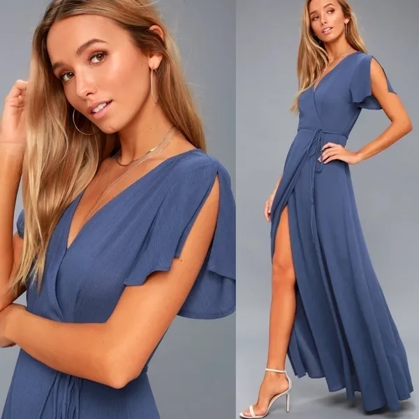 Lulus Heart of Marigold Wrap Maxi Dress‎ in Denim Blue Size Extra Small - Image 3