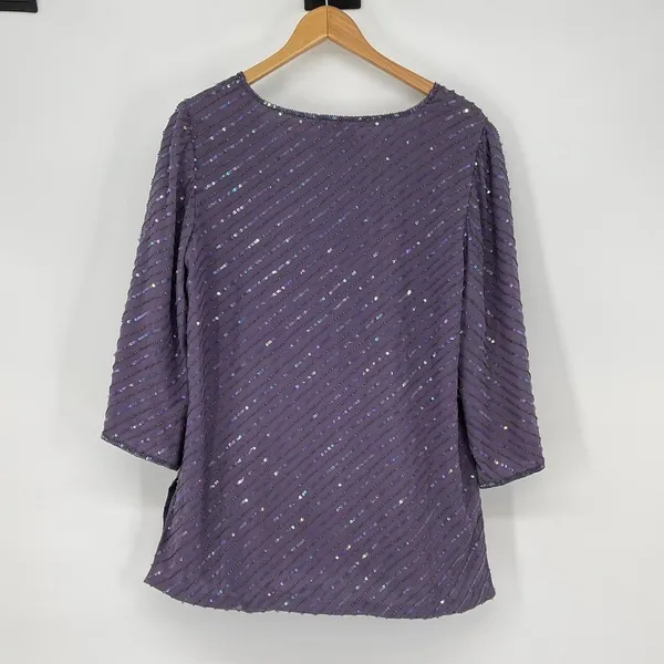 Vintage Adrianna Papell Studio Beaded Embellished Purple Silk Long Sleeve Top M‎ - Image 2