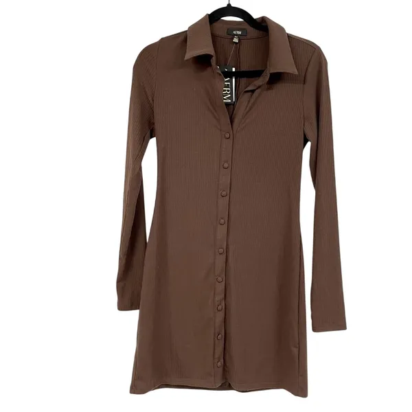 AFRM Brown Ribbed Long Sleeve Button Down Shirt Dress Mini Womens S Preppy Fall - Image 2