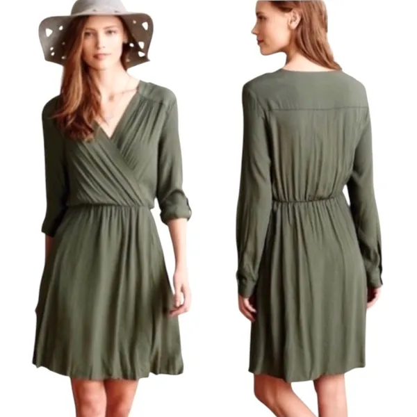 Maeve Anthropologie Dress Women XS Olive Green Faux Wrap Mini Preppy‎ Boho Retro - Image 2